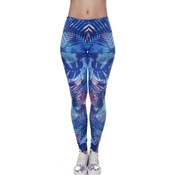 BLUE Multi Color Tropical Palm Print Full Length Leggings Size 0-10 NWT - Picture 3 of 3